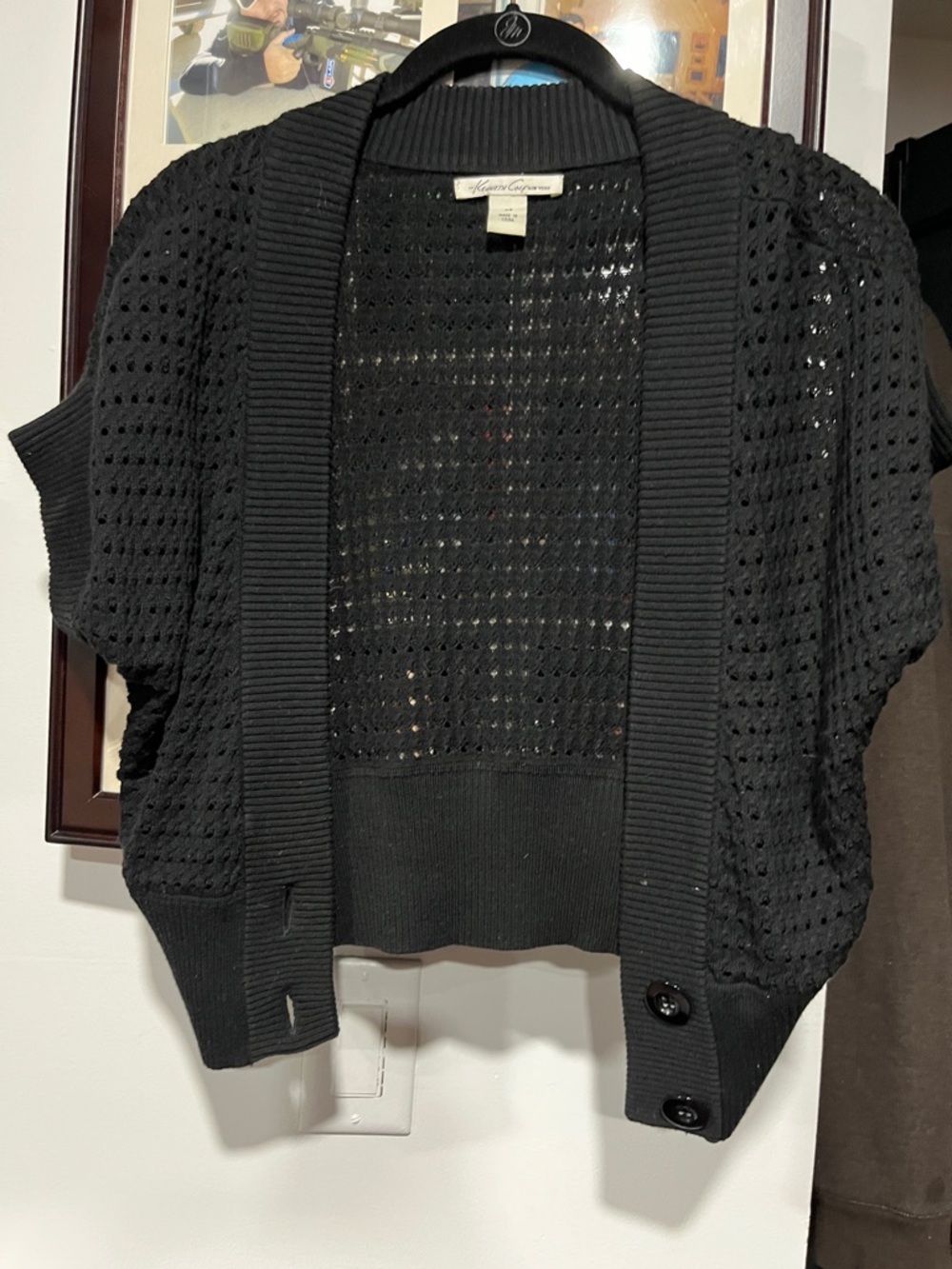Kenneth Cole Black Open-Knit Short Sleeve Cardigan